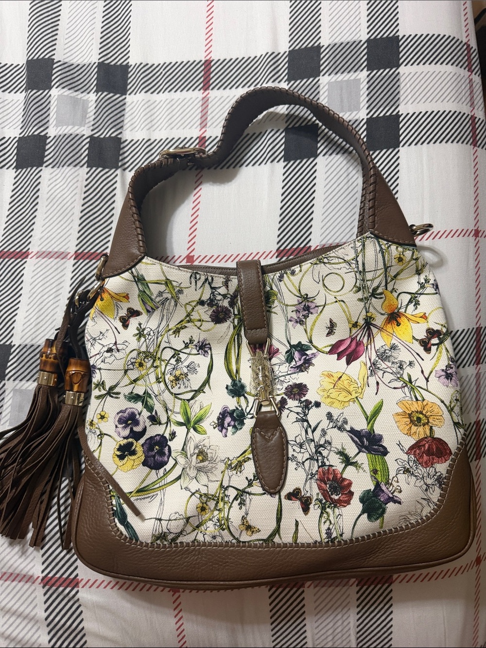 Gucci Floral Canvas Shoulder Bag with Brown Leather Trim
